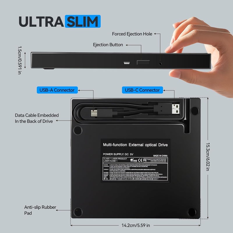 VVA External CD DVD Drive, Ultra Slim CD Burner USB 3.0 with 4 USB Ports and 2 TF/SD Card Slots, Optical Disk Drive for Laptop Mac, PC Windows 11/10/8/7 Linux OS MacBook Pro/Air Desktop PC Player - Image 5